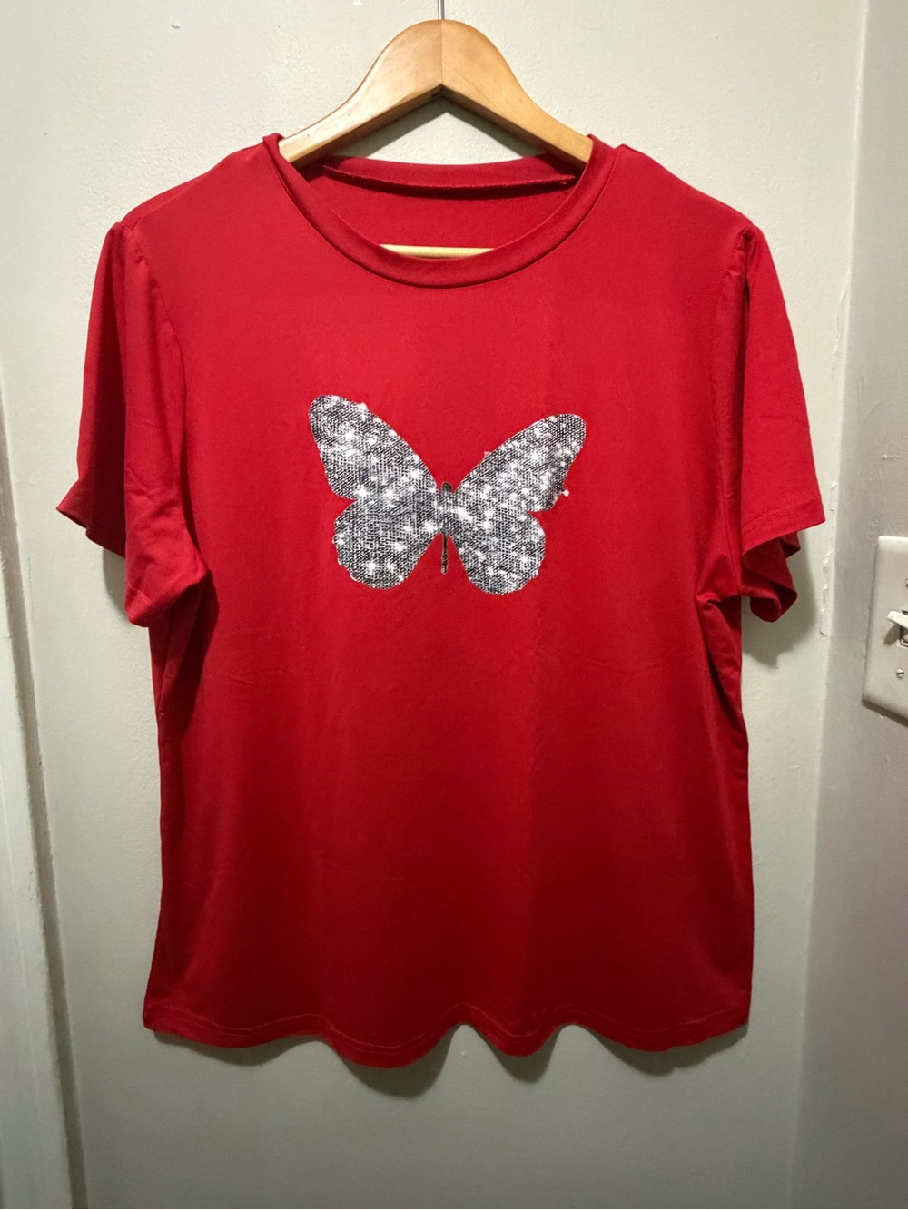 SHEIN Red Short Sleeve Tee with Silver Sequin Butterfly